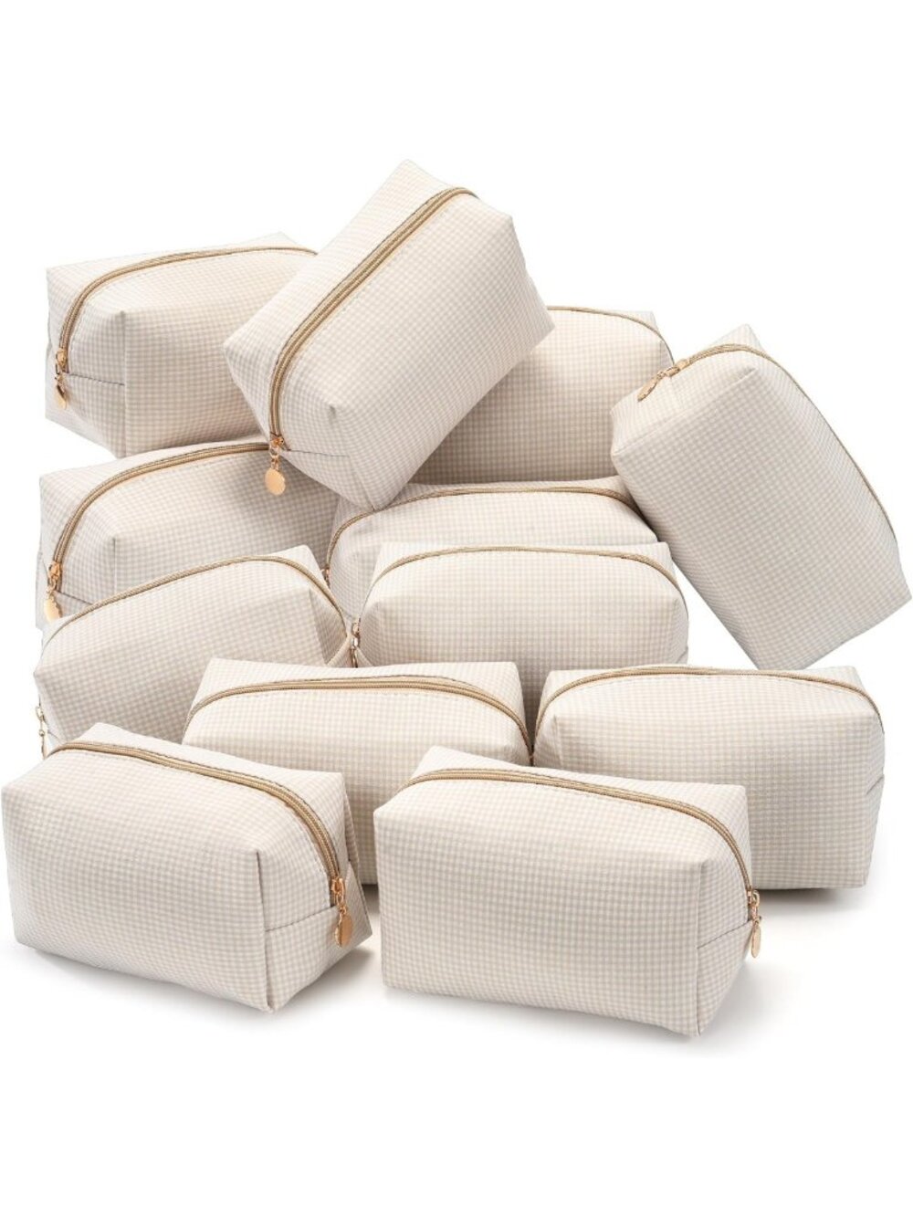 12PCS Travel Makeup Bag Set, Cute Checkered Toiletry Organizer Pouches, Beige